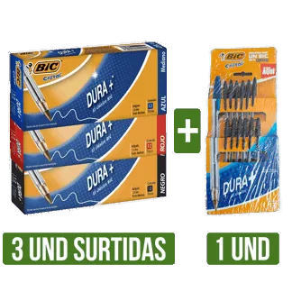 3Und Boligrafo Dura + Surtido x12 + Exhibidor BIC Cristal Dura + Negro x12