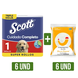 6Un Papel Higiénico Scott x1Rollo x30mts + 6Un Azucar Mayagüez Blanco Especial x500gr