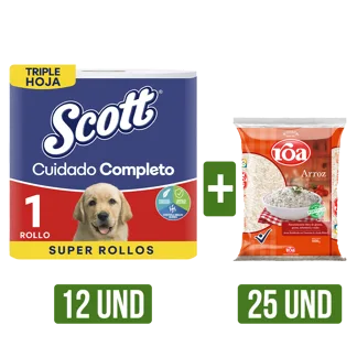 12Un Papel Higiénico Scott x1Rollo x30mts + 25Un Arroz Roa Fortiplus x500gr